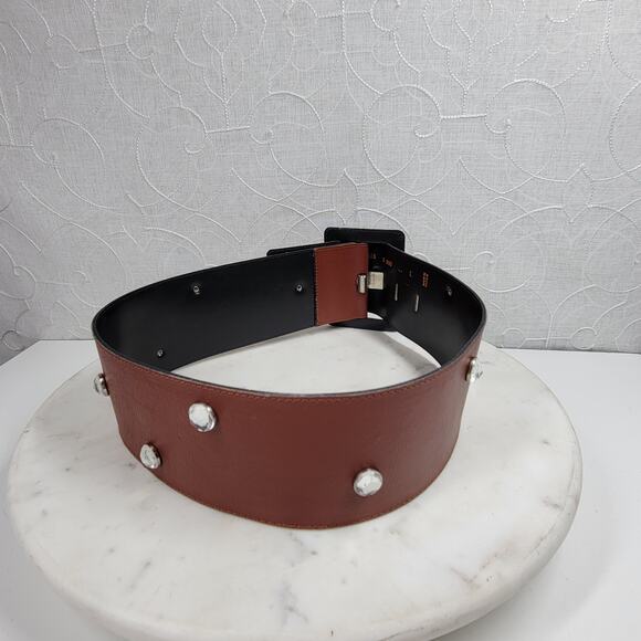 Vintage Yves Saint Laurent Wide Belt S Brown Leather‎ Buckle Rhinestone Rivets main image 12